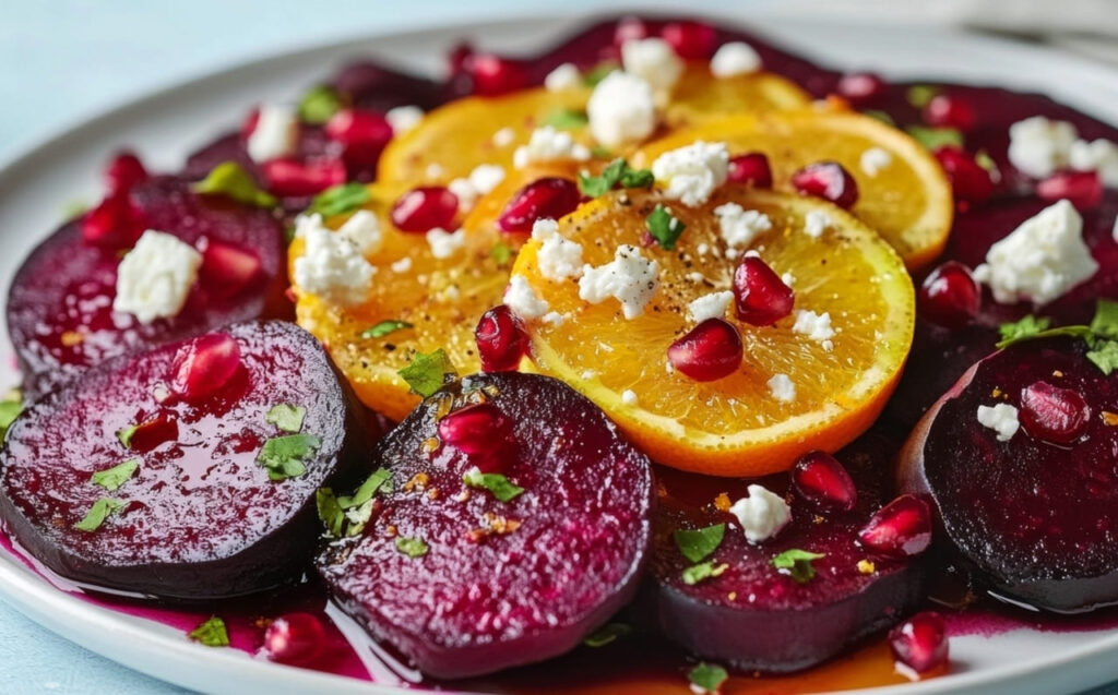 Colorful beet salad with oranges and pomegranate on a white plate garnished with mint