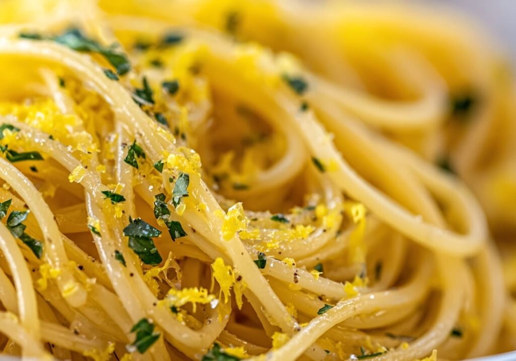 A close-up of spaghetti coated in lemon sauce with a sprinkle of Parmesan.