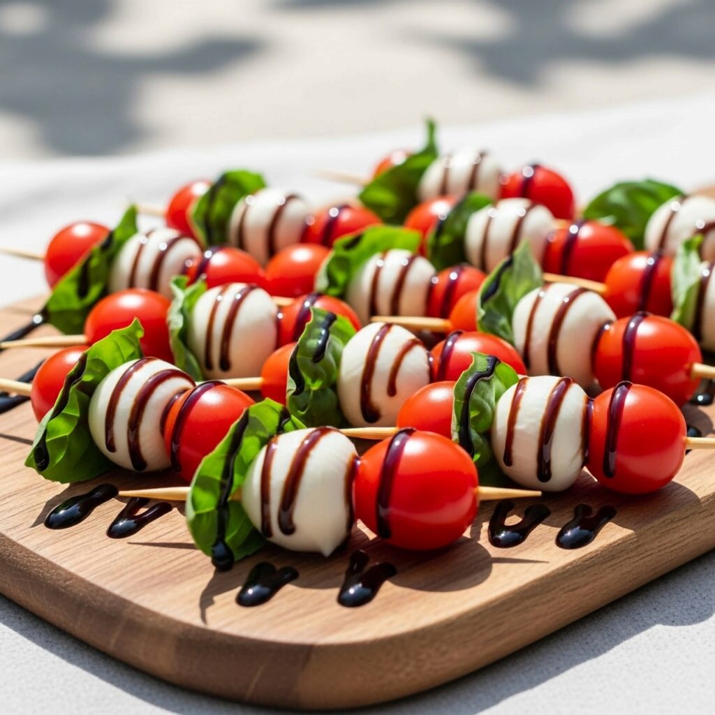 Fresh caprese skewers with cherry tomatoes mozzarella balls and basil drizzled with balsamic glaze 