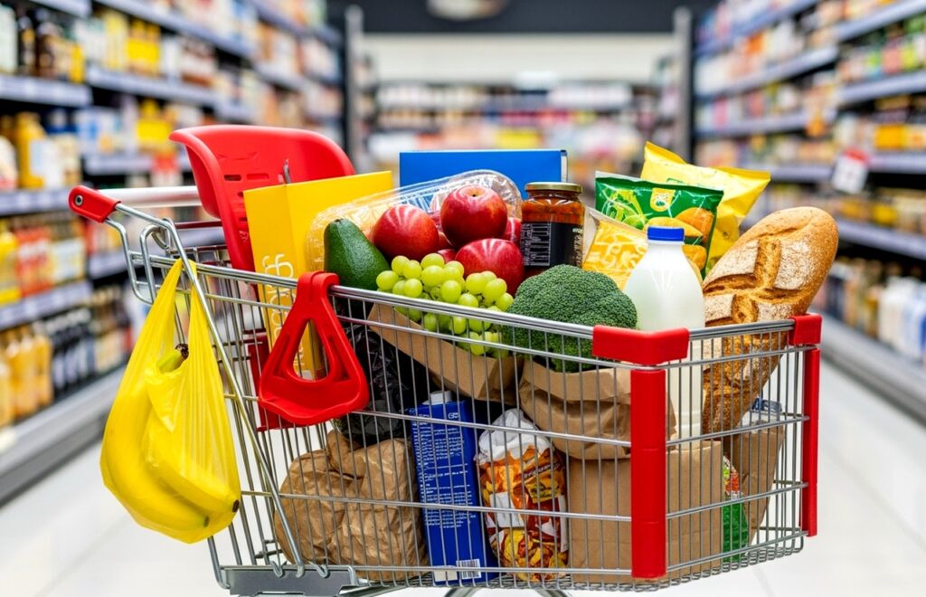 Close-up of a supermarket cart filled with everyday items