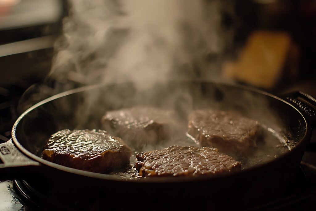A sizzling steak on a hot pan with visible steam.