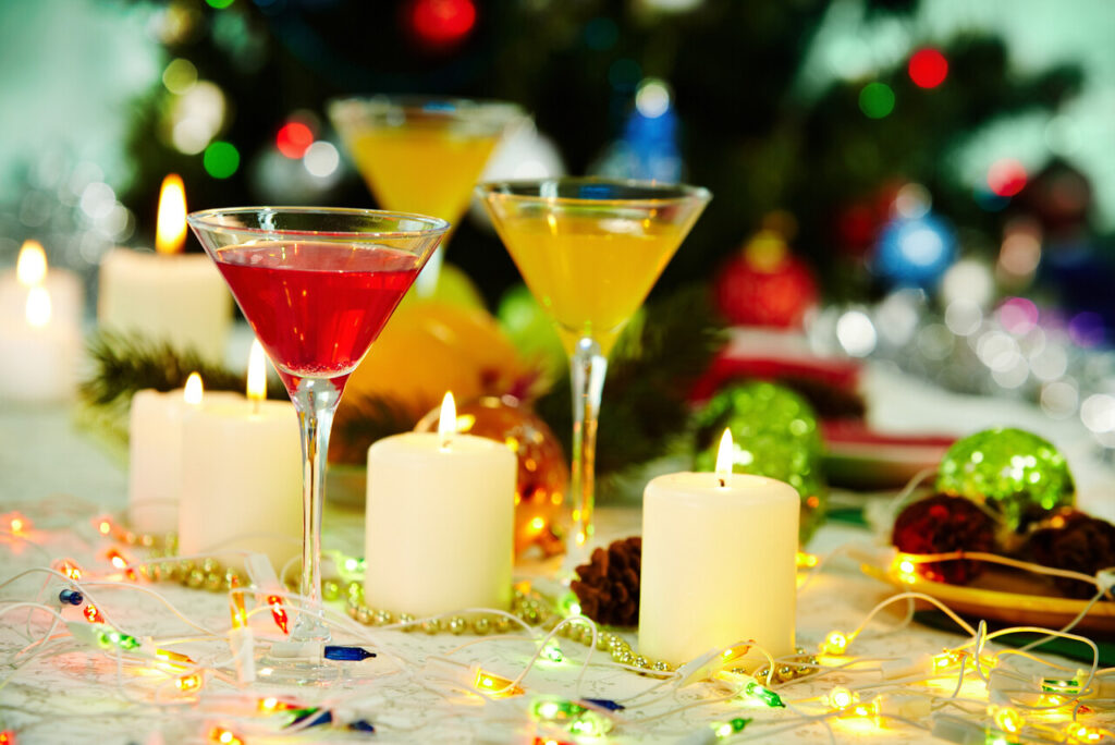 Holiday party setting with cocktails and lights