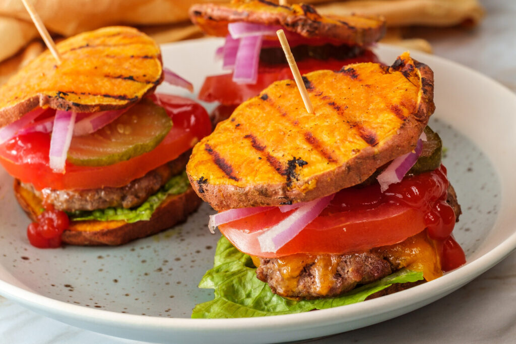 Bunless burger in a tray