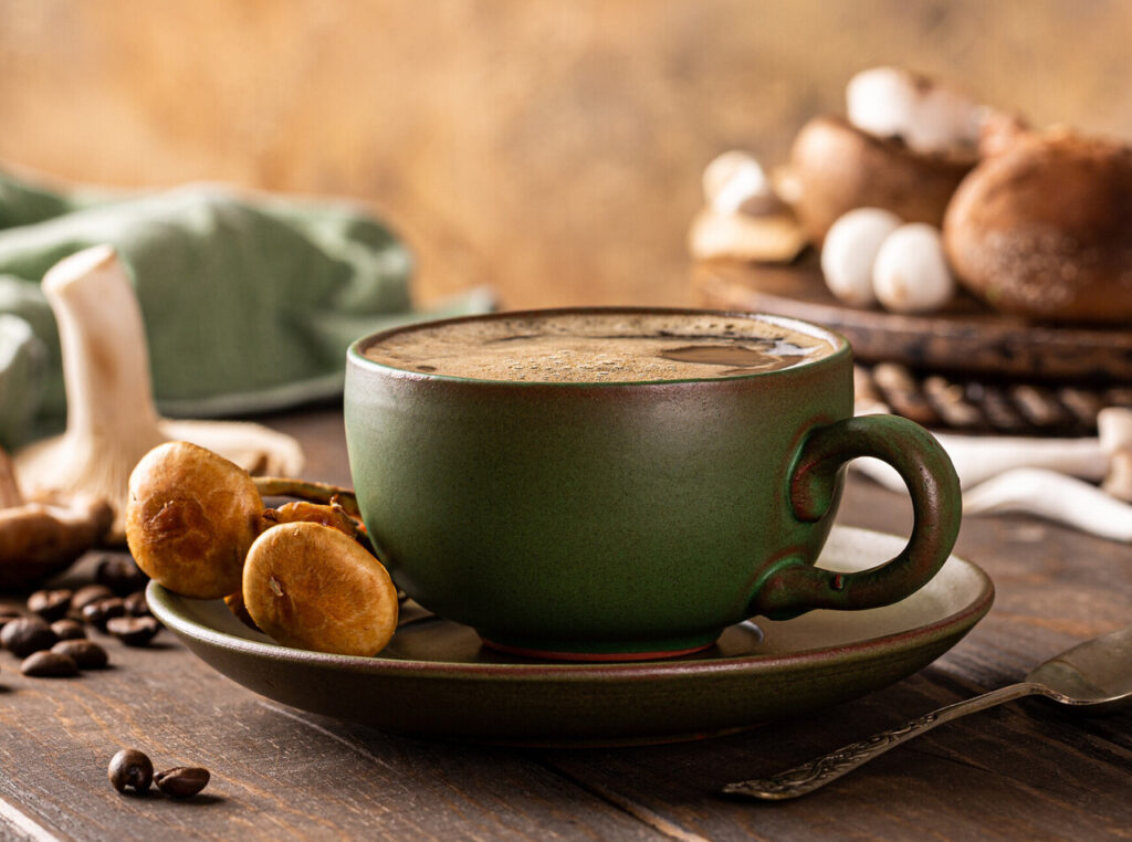 Mushroom coffee in green cup