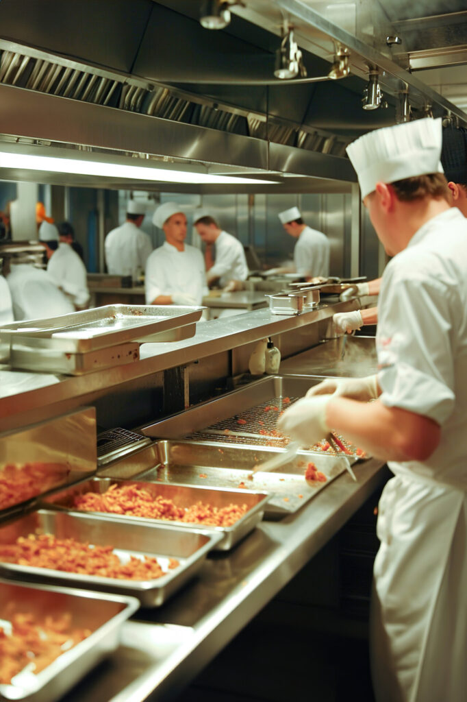 A fast-food kitchen during a rush.