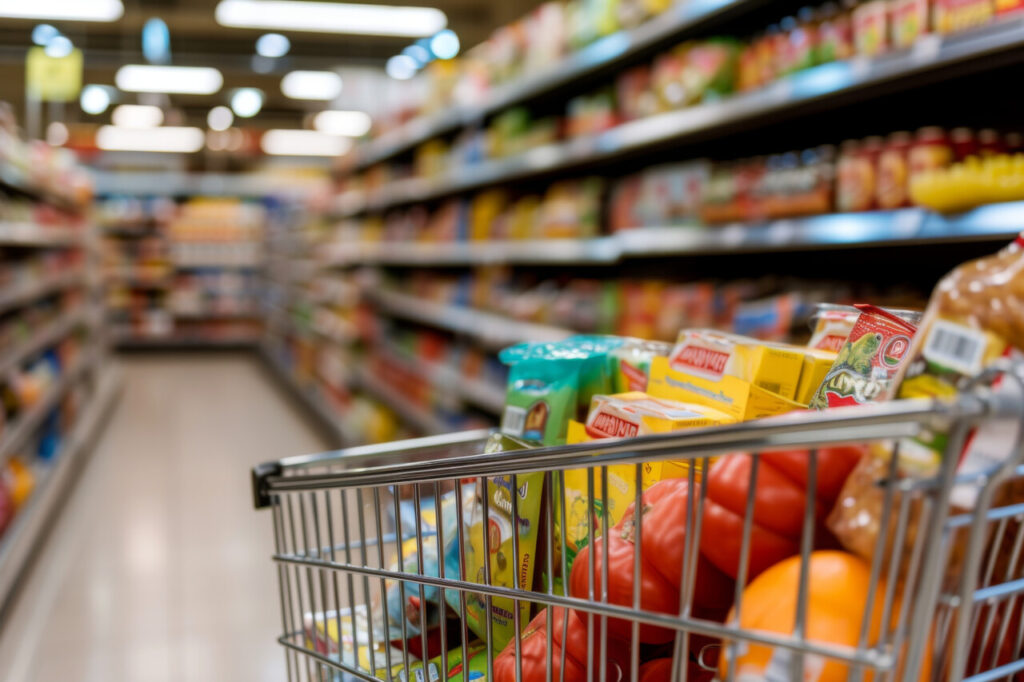 A Shopping Cart in a Grocery Store Filled With Food