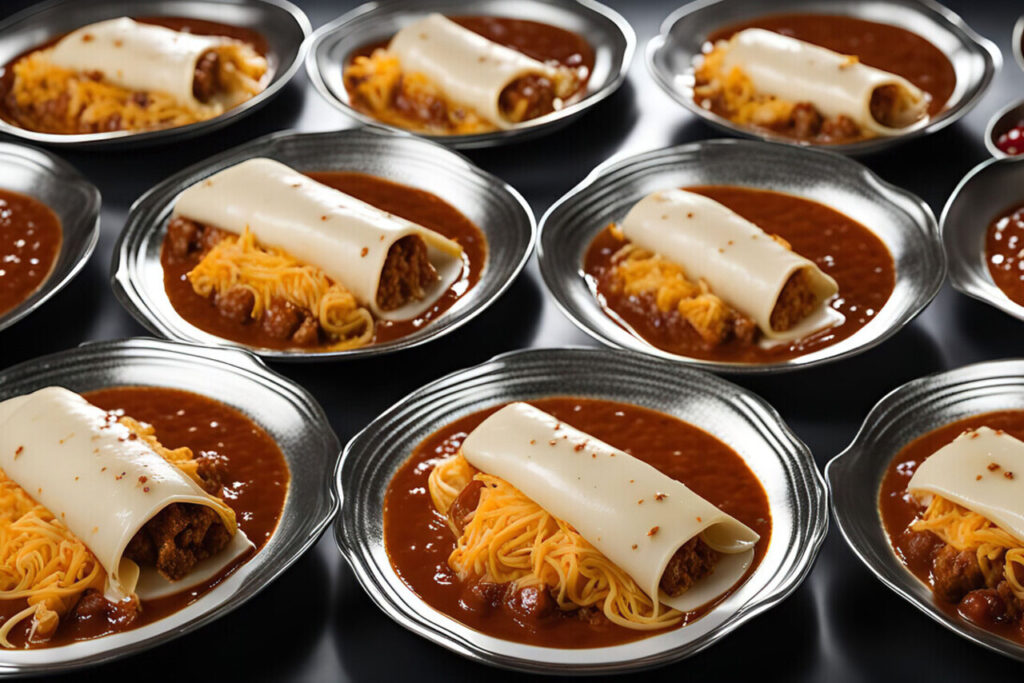 A close-up of nine plates of chili cheese roll ups ready to be served