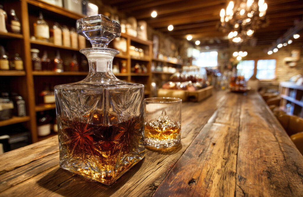 Elegant whiskey decanter with glass beside rustic wooden bar