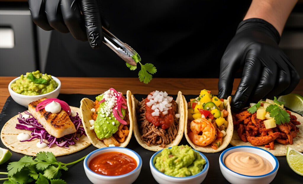 Chef Prepares Assortment Gourmet Tacos Guacamole Salsa Black Background