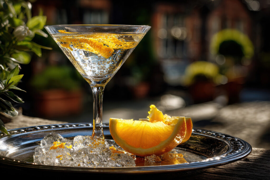 Martini glass with citrus peel garnish on silver tray in sunligh