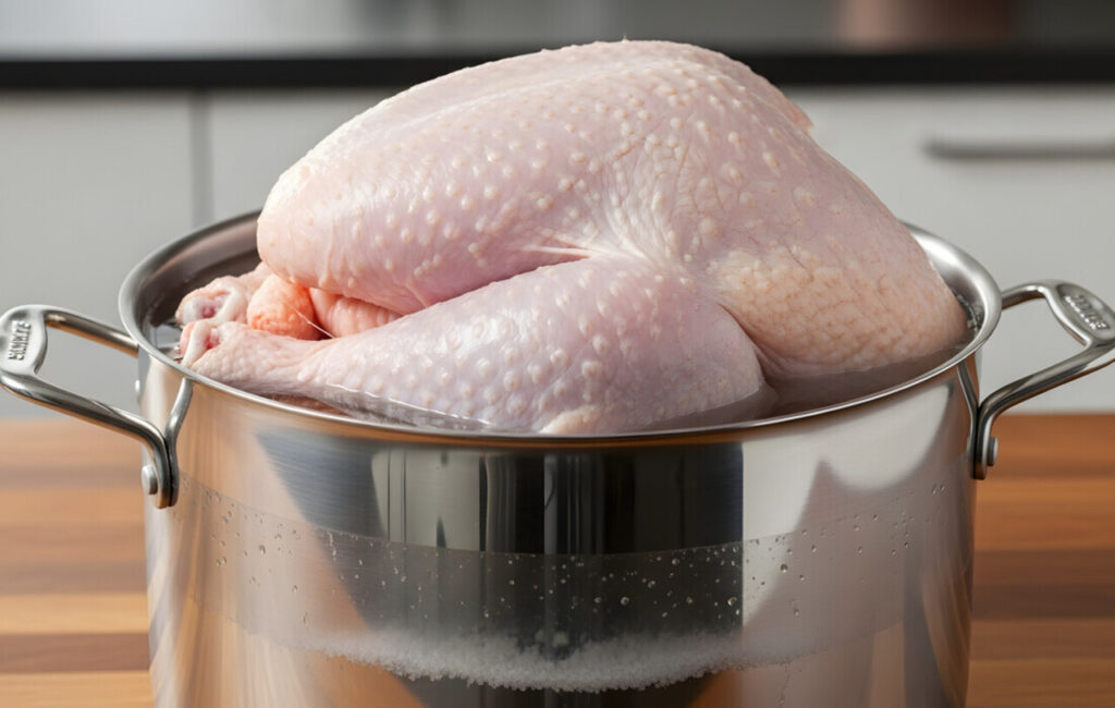 A large stockpot or food-safe bucket filled with a whole turkey submerged in brine