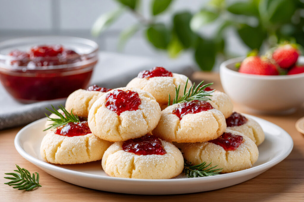 Strawberry thumbprint cookies on white plate with rosemary