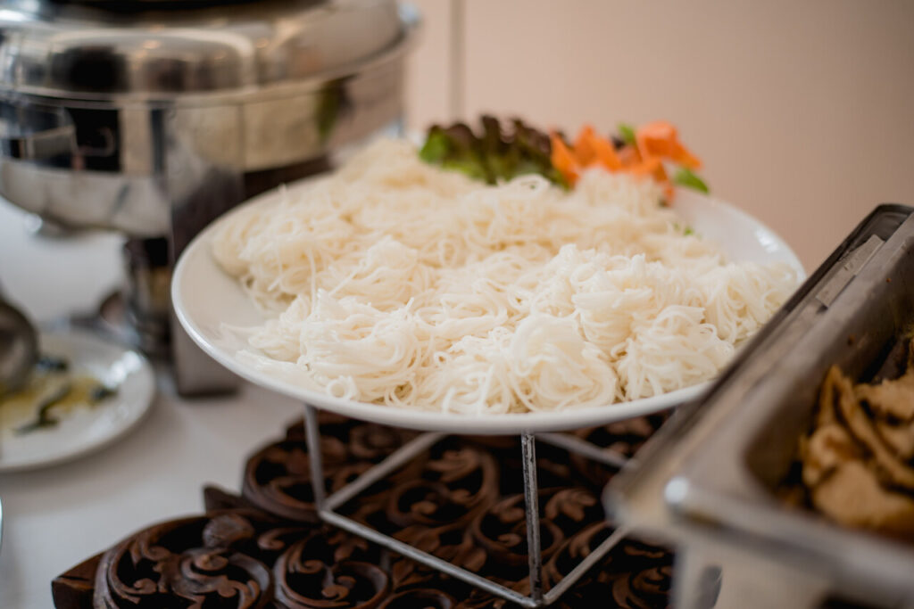 Multiple starch pairings (noodles, rice, potatoes, spaetzle) displayed on one table