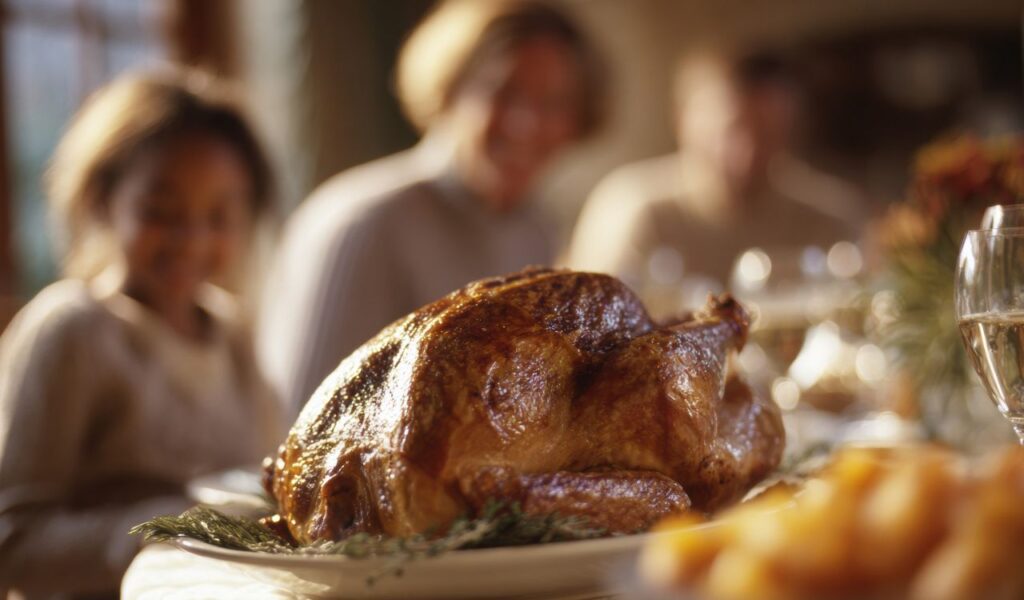 A beautifully roasted turkey is at the center of a festive table, surrounded by family members enjoying a holiday meal together.