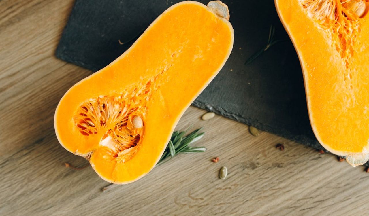 Butternut squash sliced in half