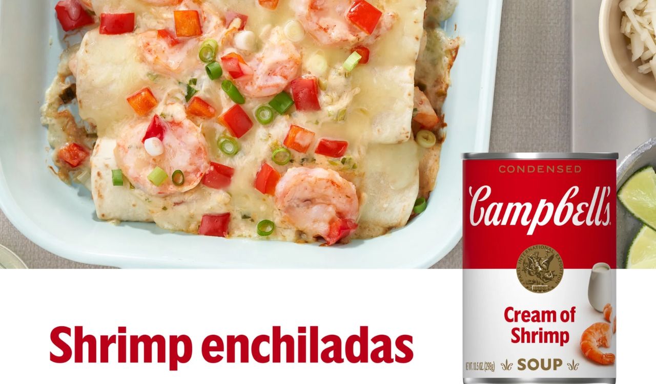 Shrimp enchilada tray and can of cream of shrimp
