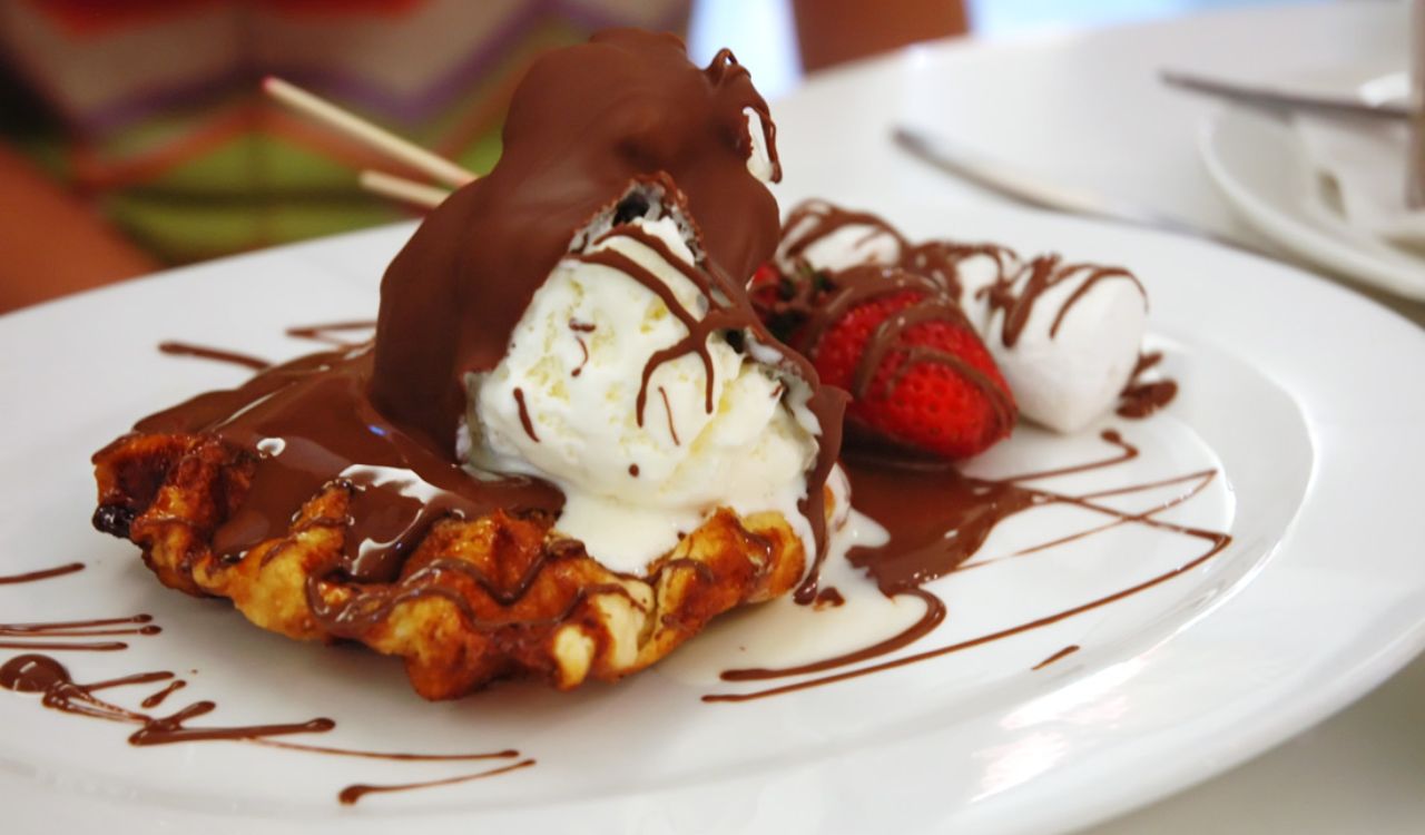 Waffle with chocolate, strawberry, and mallows