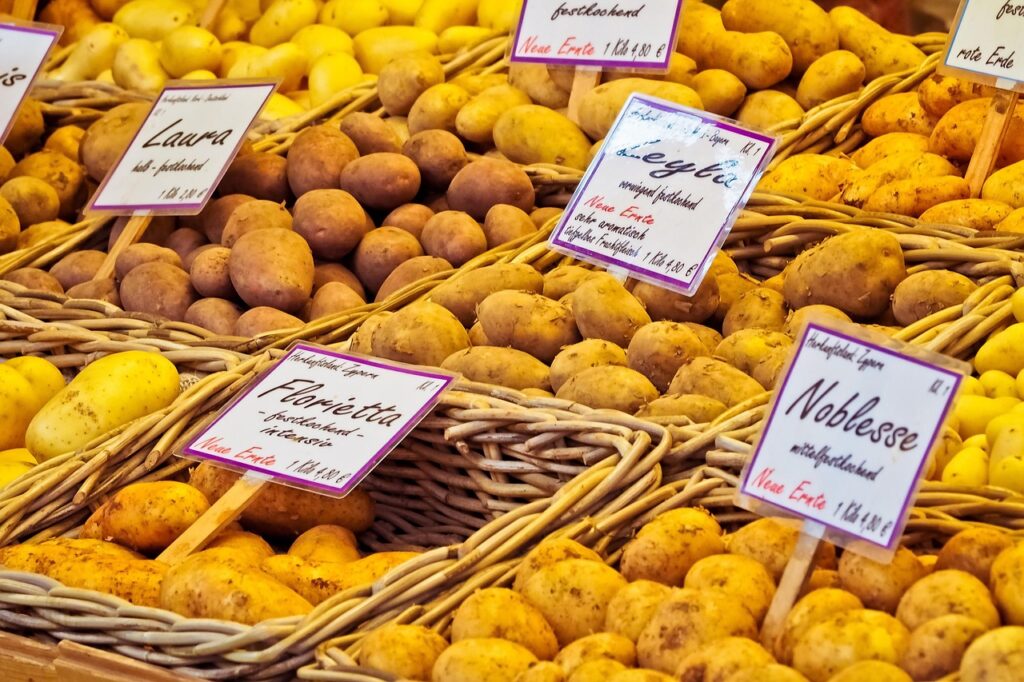 Grocery store display of different potato varieties
