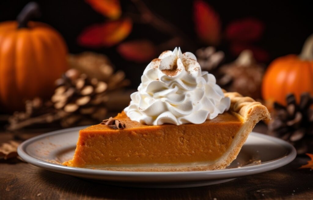 Pumpkin pie with whipped cream, a classic holiday favorite