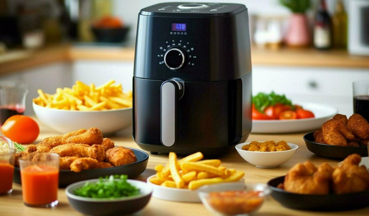 Air fryer on table full of food