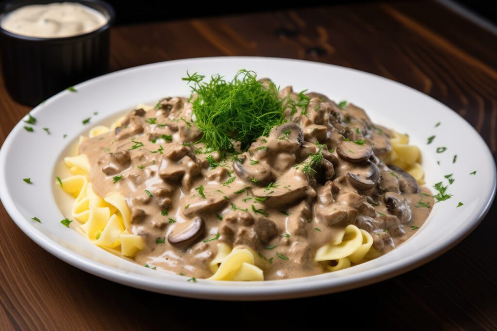 Beef Stroganoff over Buttered Noodles