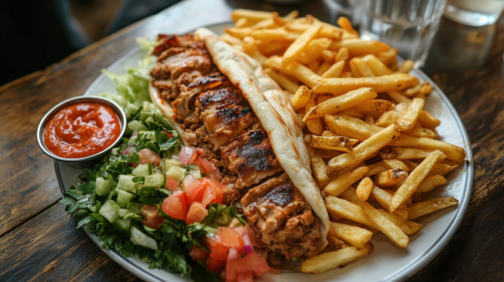 A plate of juicy shawarma served alongside golden fries and a fresh salad, ready for a delicious meal.