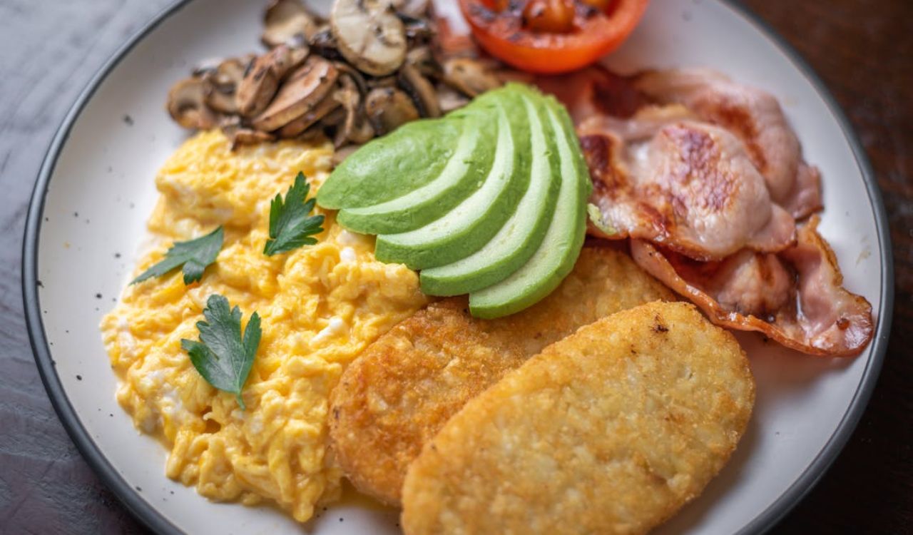 Breakfast plate with silky scrambled eggs