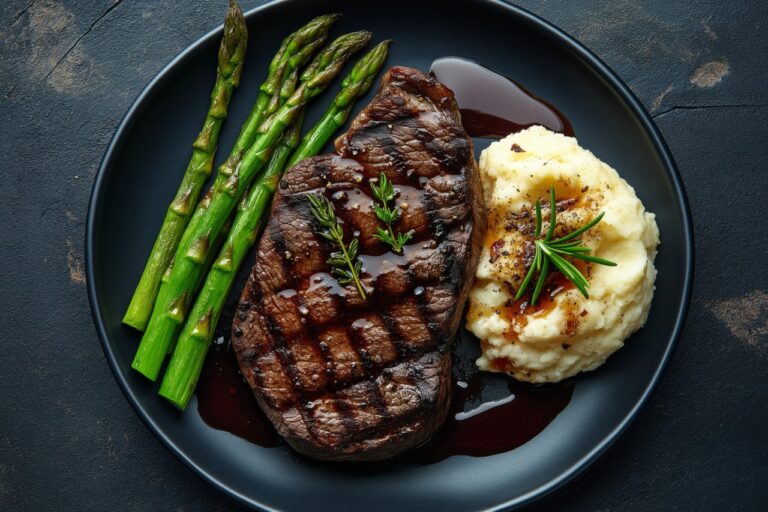 Perfectly plated wagyu steak with asparagus and creamy mashed potatoes
